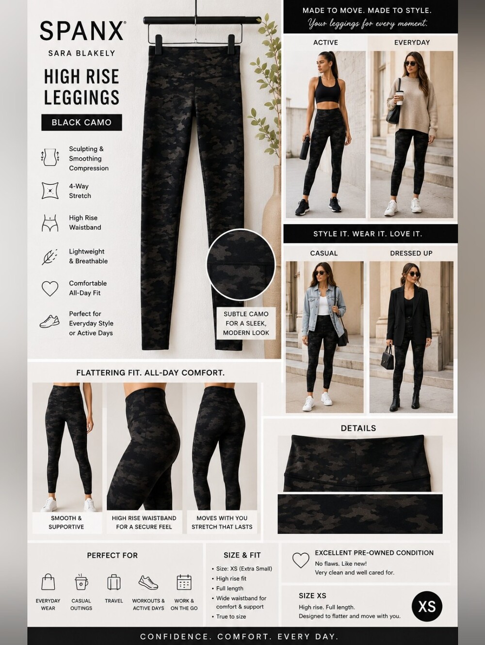SPANX Faux Leather Look Camo Leggings XS Black Gray High Rise Stretch
